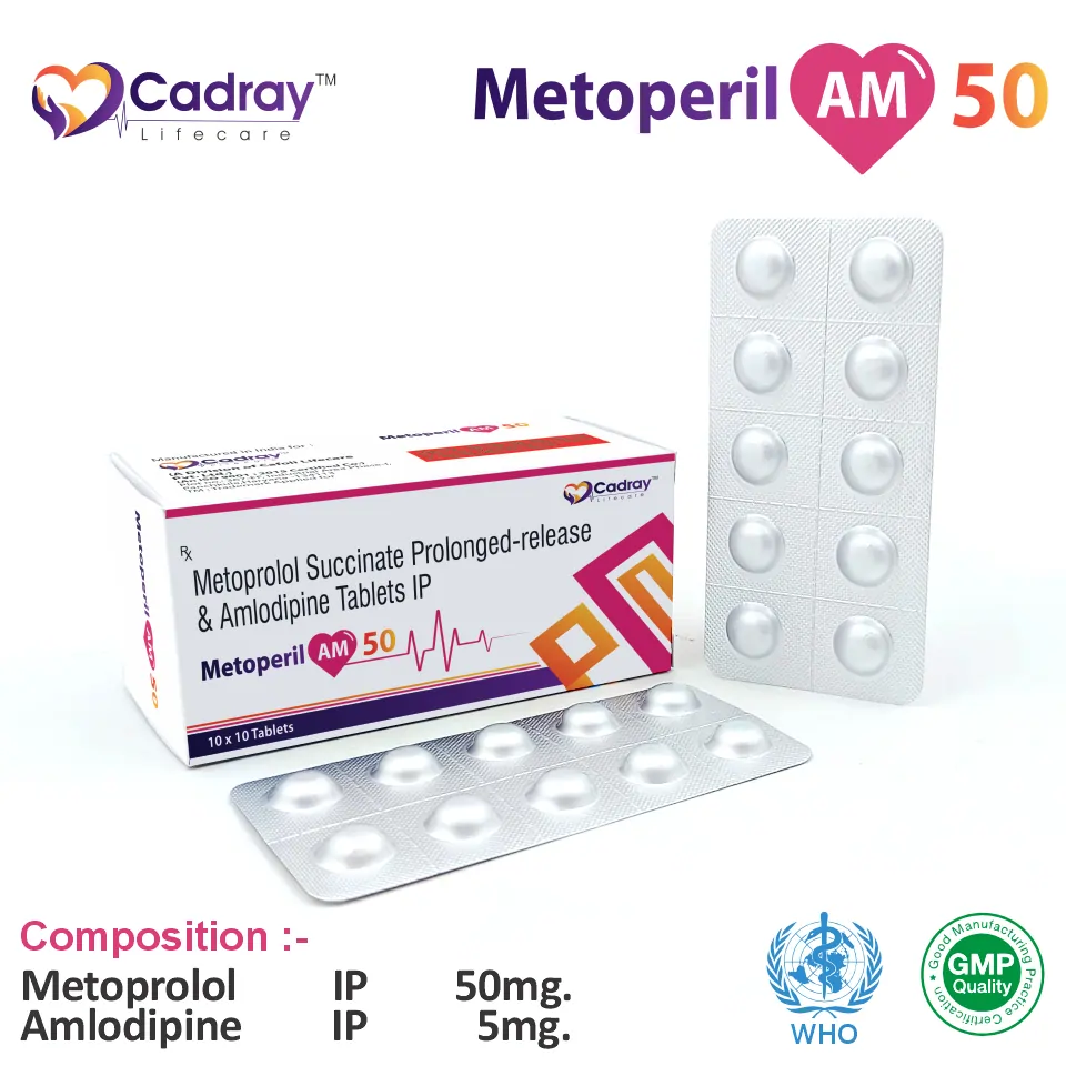 Metoprolol Succinate 50mg + Amlodipine 5mg Tablet | Cardiovascular Therapy | Best Price for PCD Pharma Franchise